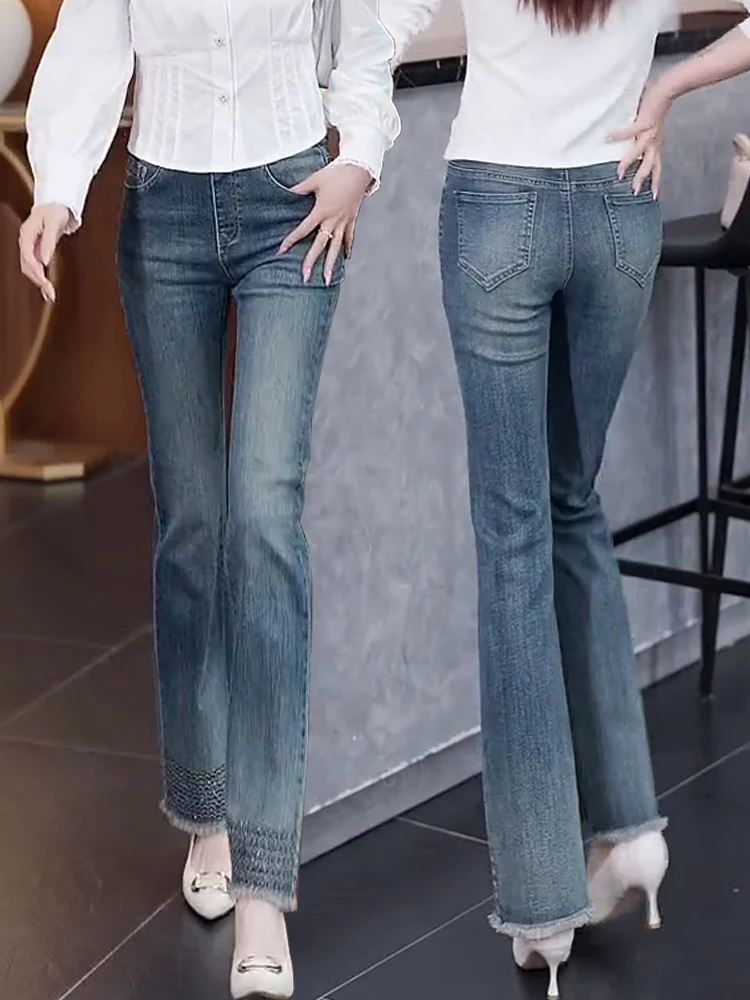 Hohe Taille Abnehmen Faionable Bell Bot Jeans Damen elastische ausgefranste Sommer Baumwolle Polyester Mischung gerade Beinjeans
