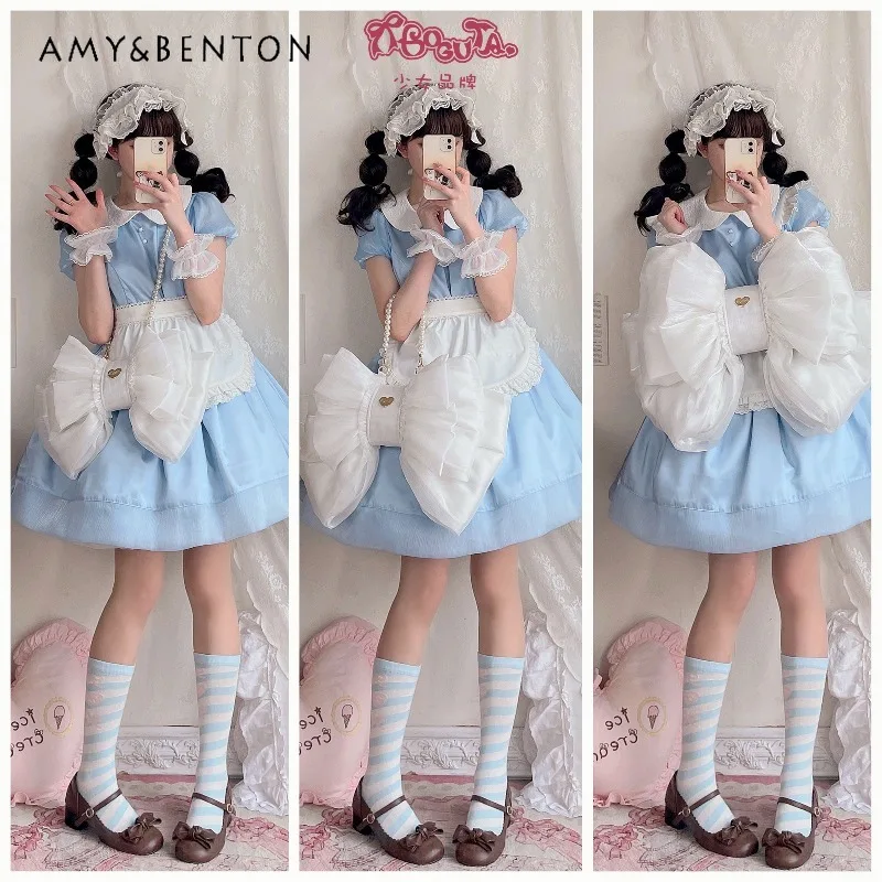 الأصلي فتاة نمط الحلو القوس الكبير على ظهره لطيف الأورجانزا حقيبة كروسبودي انفصال حزام الكتف لوليتا حقيبة كتف مفردة حمل