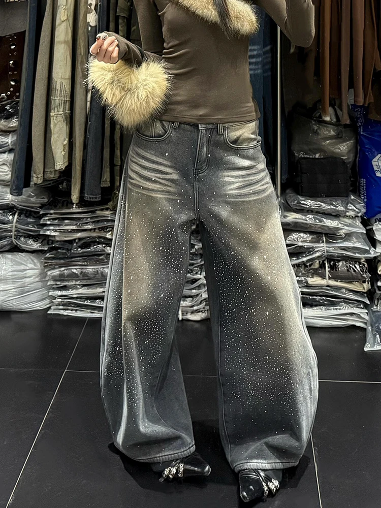 

Джинсы свободного кроя в стиле ретро с эффектом звездного блеска и стразами, в пол, для девушек, повседневные, в стиле американской уличной моды