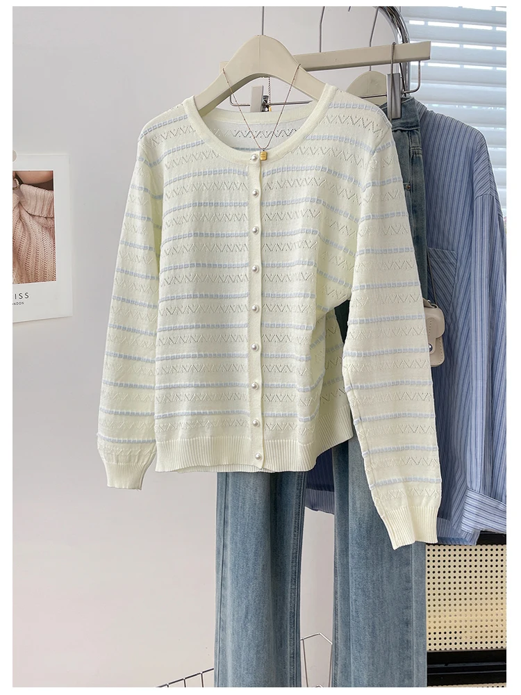 Elegant Korean Style Knitted Open Cardigan Women's Long Sleeve Striped Pearl Button Hollow out Soft Versatile Meat Concealing...