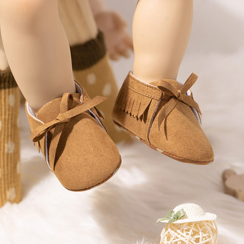 Suefunskry Baby Girl Premium PU Flats Infant Tassel First Walker Crib Shoes for Festival, Baby Shower