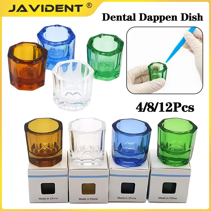 JAVIDENT 8/12Pcs Dental Glass Mixing Bowls Octagonal Dappen Dishes for Dentist Lab Materials Storage Tools Cups