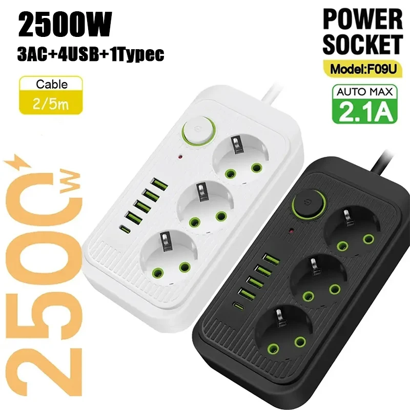 EU Plug AC Outlets Multitap Socket Extension Cord Electrical Power Strip With USB Type C Fast Charging Network Filter Adapter