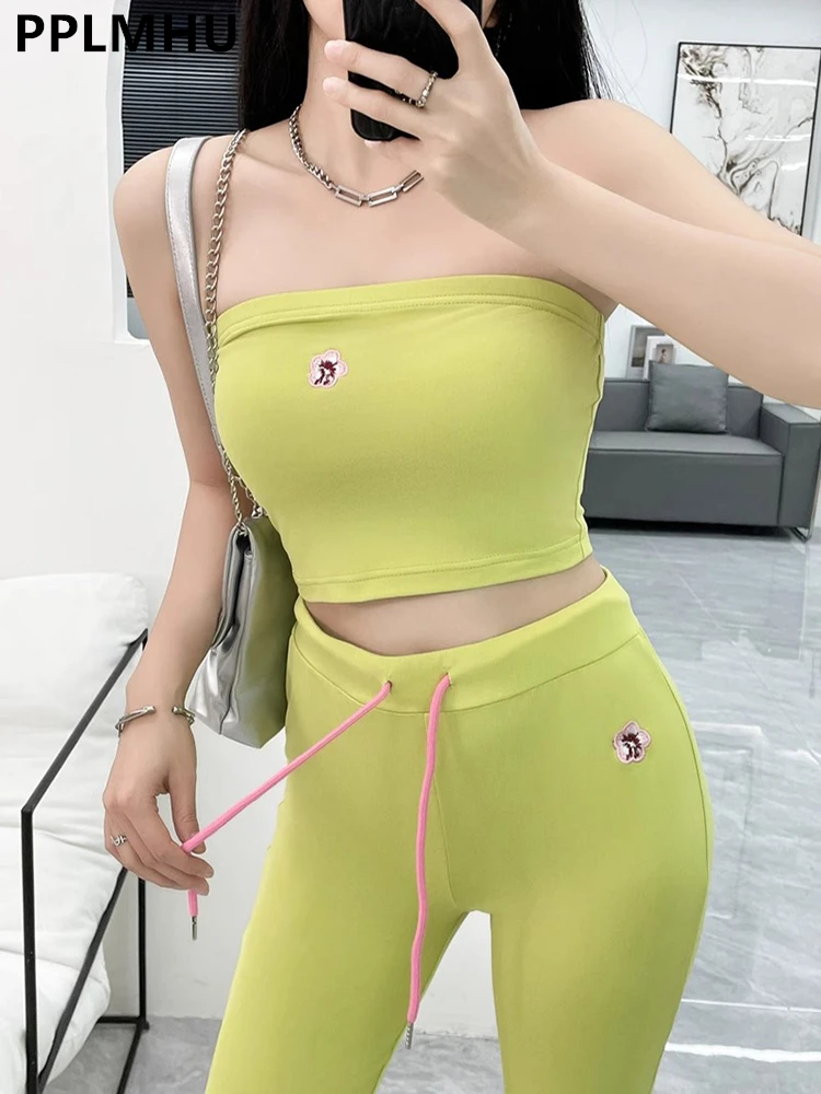 

Summer Green Sexy Embroidered 2 Piece Sets Women Casual Slim Strapless Cropped Tops Conjunto New Y2k High Waist Flare Pant Suits