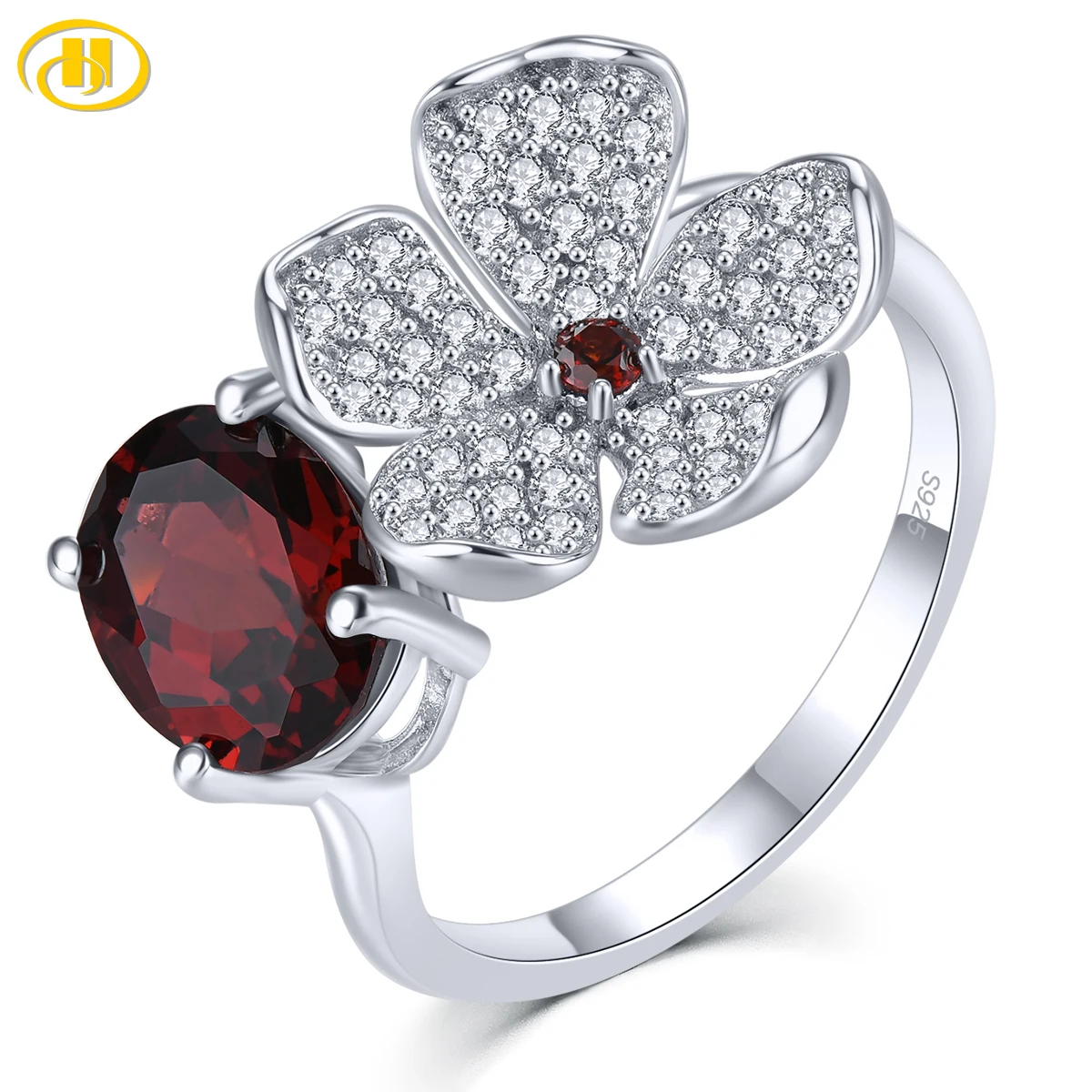 

Natural Red Garnet Solid Sterling Silver Rings 2.15 Carats Genuine Birthstone Flower Romantic Elegant Fine Jewelry Design Gifts