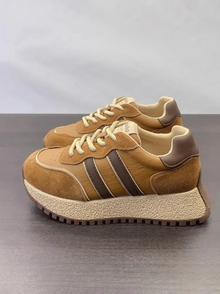 Vintage Spliced Genuine Leather Sneakers Comfortable Breathable Thick Bottom Running Sports Shoes Lace Up Walking Jogging Shoes image 5