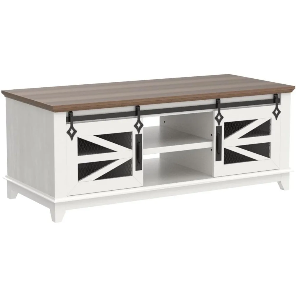 48 Inch Coffee Table with Storage and Sliding Barn Door, Adjustable Shelf, Modern Rectangular Country Style Living Room