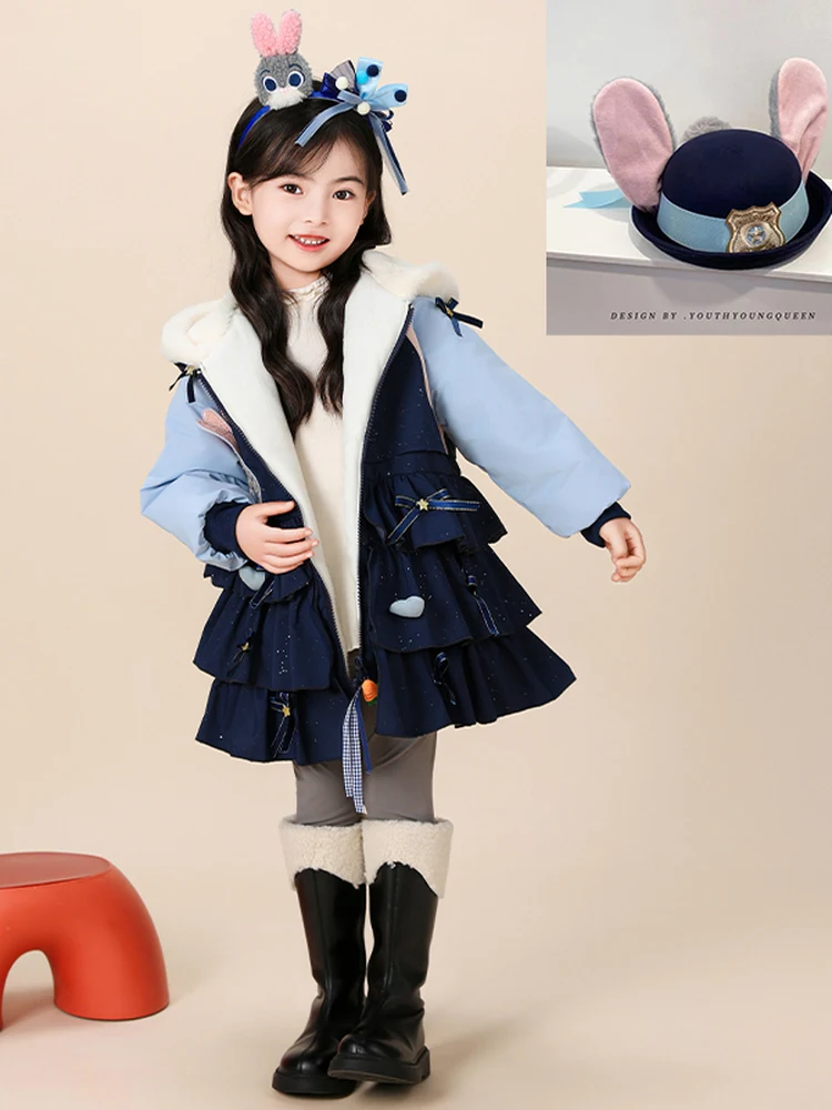 

Утепленная зимняя куртка для девочек с принтом кролика-полицейского, на флисовой подкладке, новая модель, хлопковая, свободного кроя, на молнии