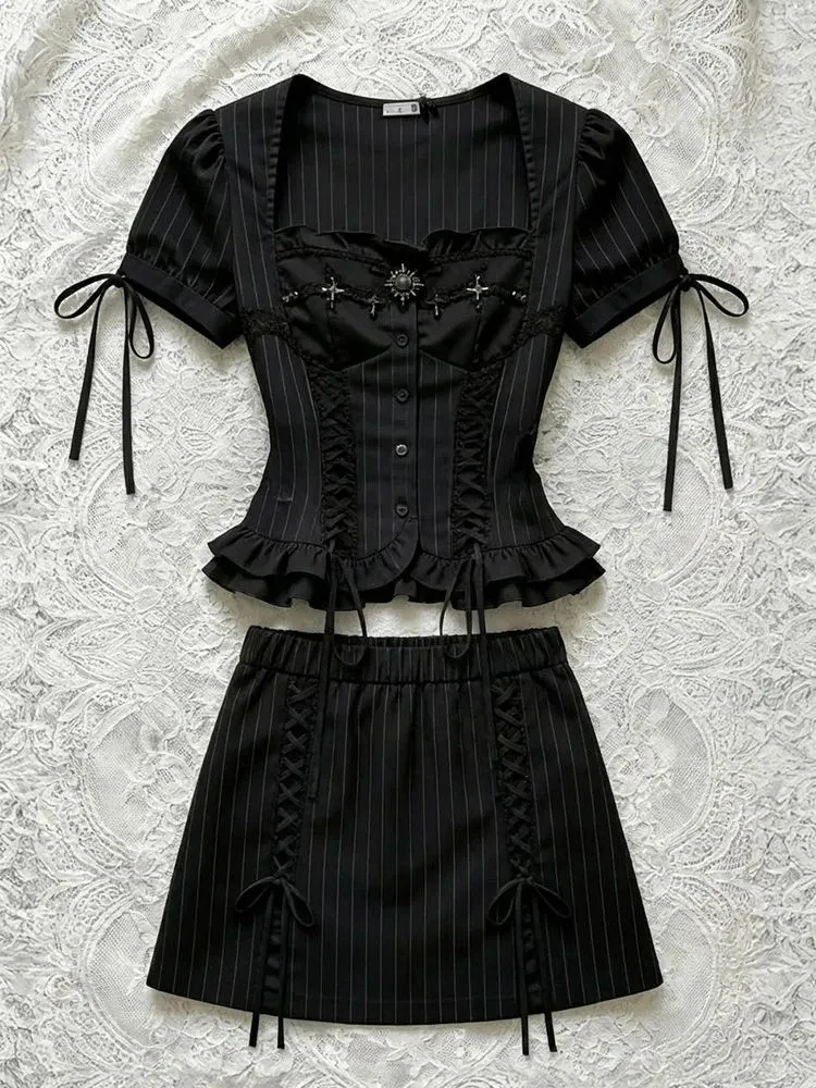 

Vintage Black Short Top And High Waist Stripe Skirt Set Women's Fashion Summer 2026 New Style Retro Wind Casual Work Date