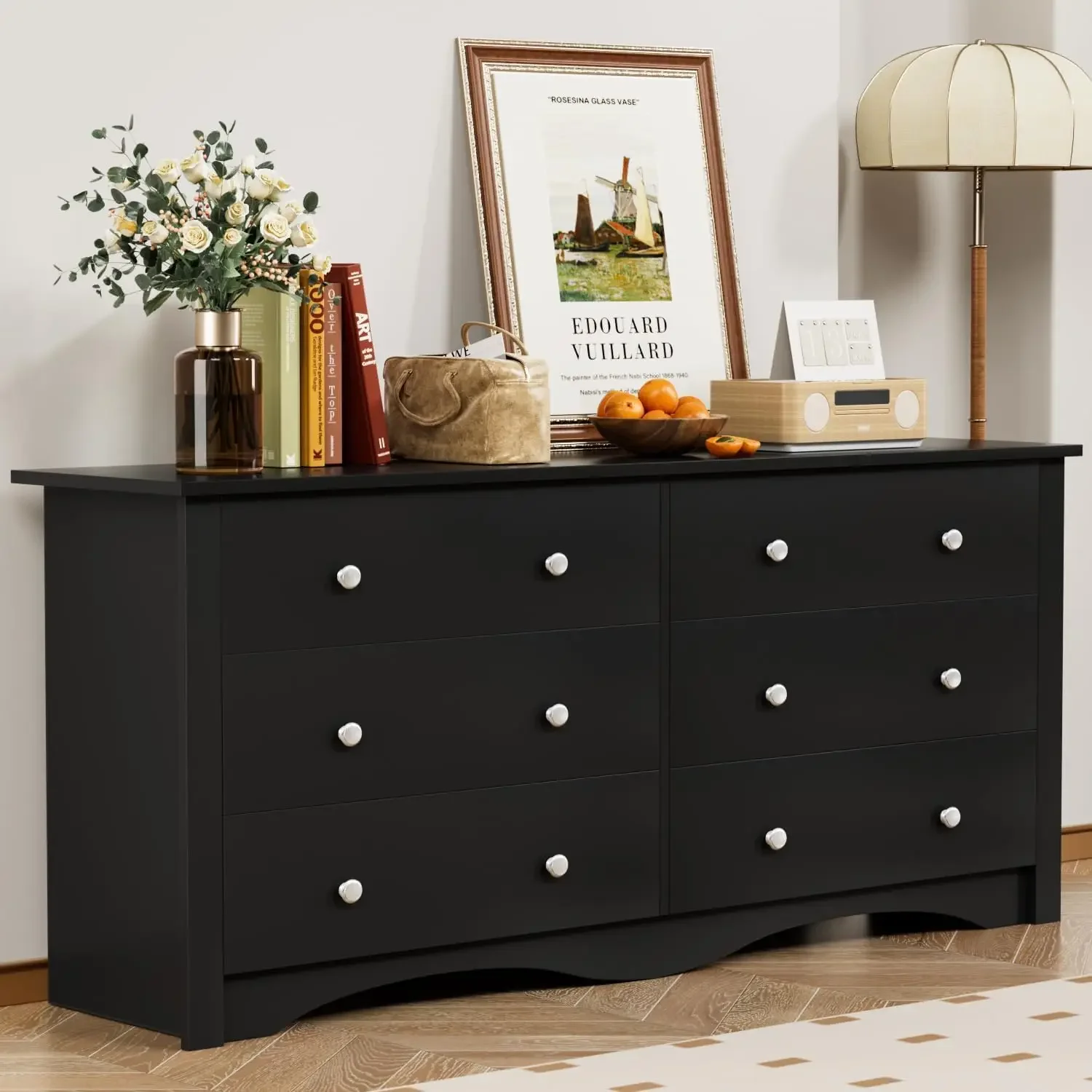 Double Dresser with 6 Drawers, Wide Storage Organizer Chest and TV Stand for Bedroom, Living Room, Hallway, Dormi