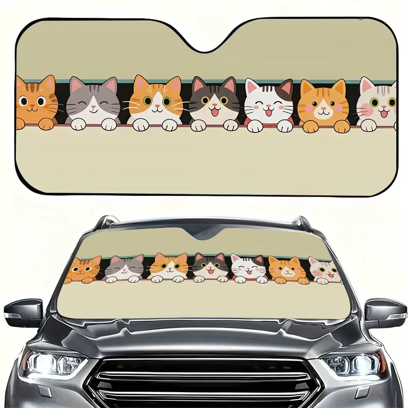 1pc. A Car Sun Visor With A Row Of Kitten Designs. This Protective Sun Visor Keeps Your Car Cool. It Features Easy Suction Cup I