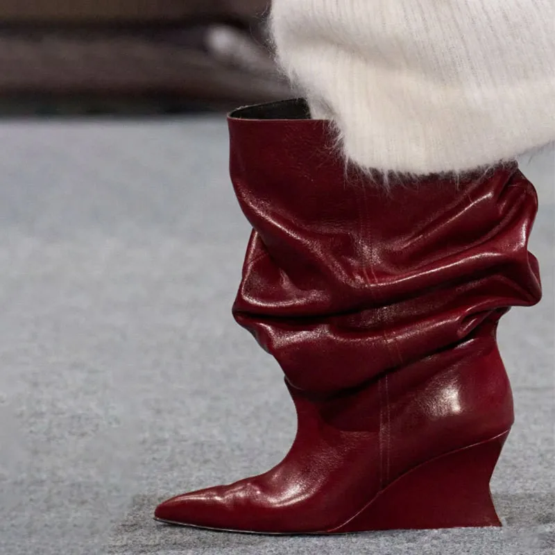 

Arden Furtado Autumn apricot Wedges Large tubular boots Pointed toe pull-on High-heeled Pleated Mid-Calf boots Extra-large size