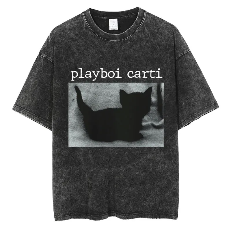 Hip-Hop Rapper Playboi Carti Washed T-shirt Cute Cat Harajuku Tees Men Women Trendy Casual Loose Cotton Short Sleeve Streetwear