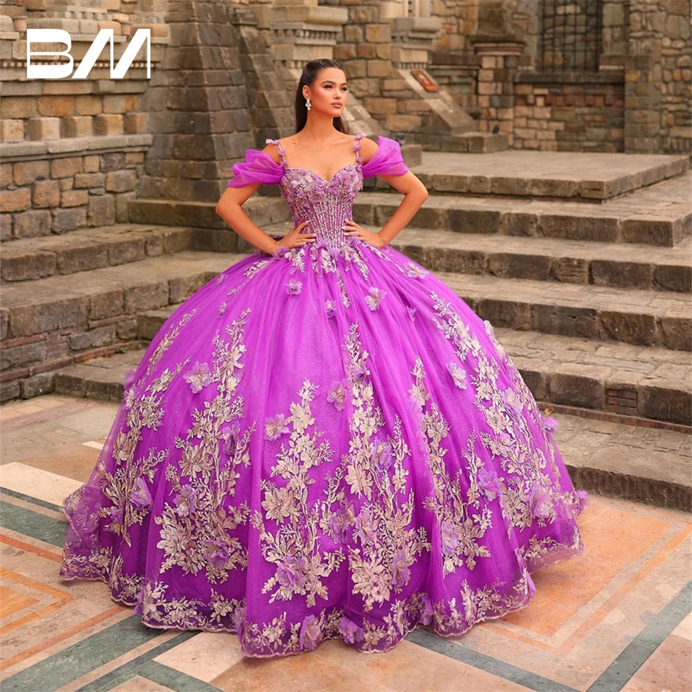 

Princess Gold Lace Appliques Sweet 15 16 Dress for Women, Customized Tulle Ballgown Quinceanera Dresses, Corset Party Prom Gowns