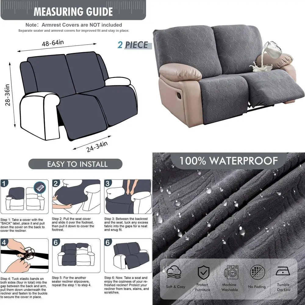 

2-Piece Stretch Recliner Sofa Slipcovers - Washable Couch Covers for Pets, Dogs, Kids (Gray, 2 Seater)