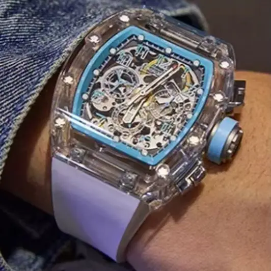CRONUSART Men Chronograph Watch Tonneau Mechanical Wristwatch Sapphire Case & Mirror Luminous Skeleton Dial Fluororubber Strap