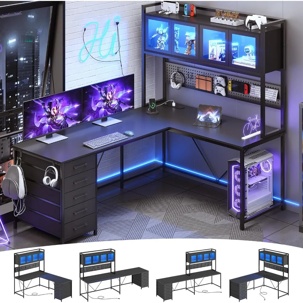 

L Shaped Gaming Desk with Drawers, L Shaped Computer Desk with Hutch and Storage Shelves, Gaming Desk with Pegboard, Led