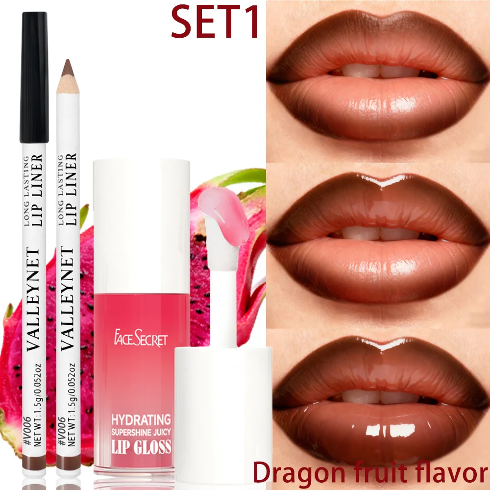 2PCS/SET Lipliner +Lip Oil,Lip Gloss and Lip Liner Lip Combo,Long-lasting Waterproof,Moisturizing Nude Brown Velvet Matte