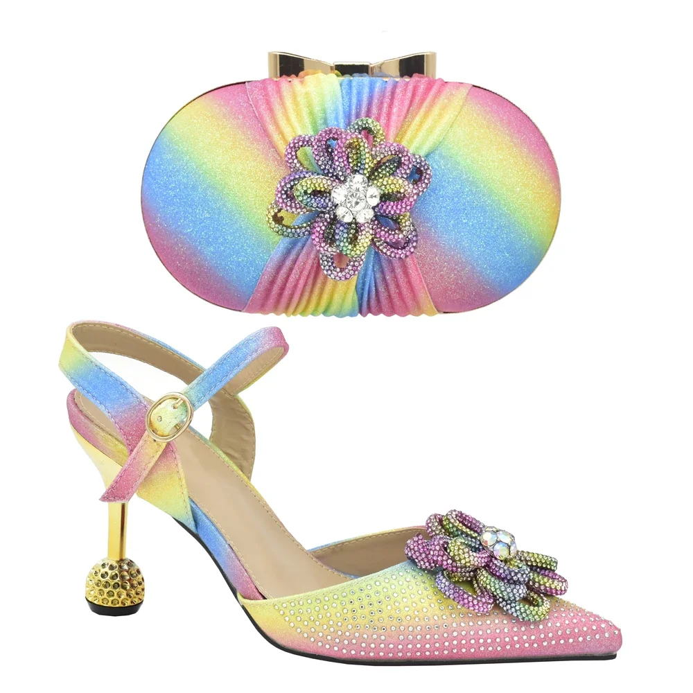 Latest Africa Shoe and Bags Set with Rhinestone Women Shoe Size 43 Wedding Shoes Bride Italian Shoe and Bag Set 2024 Women Heels