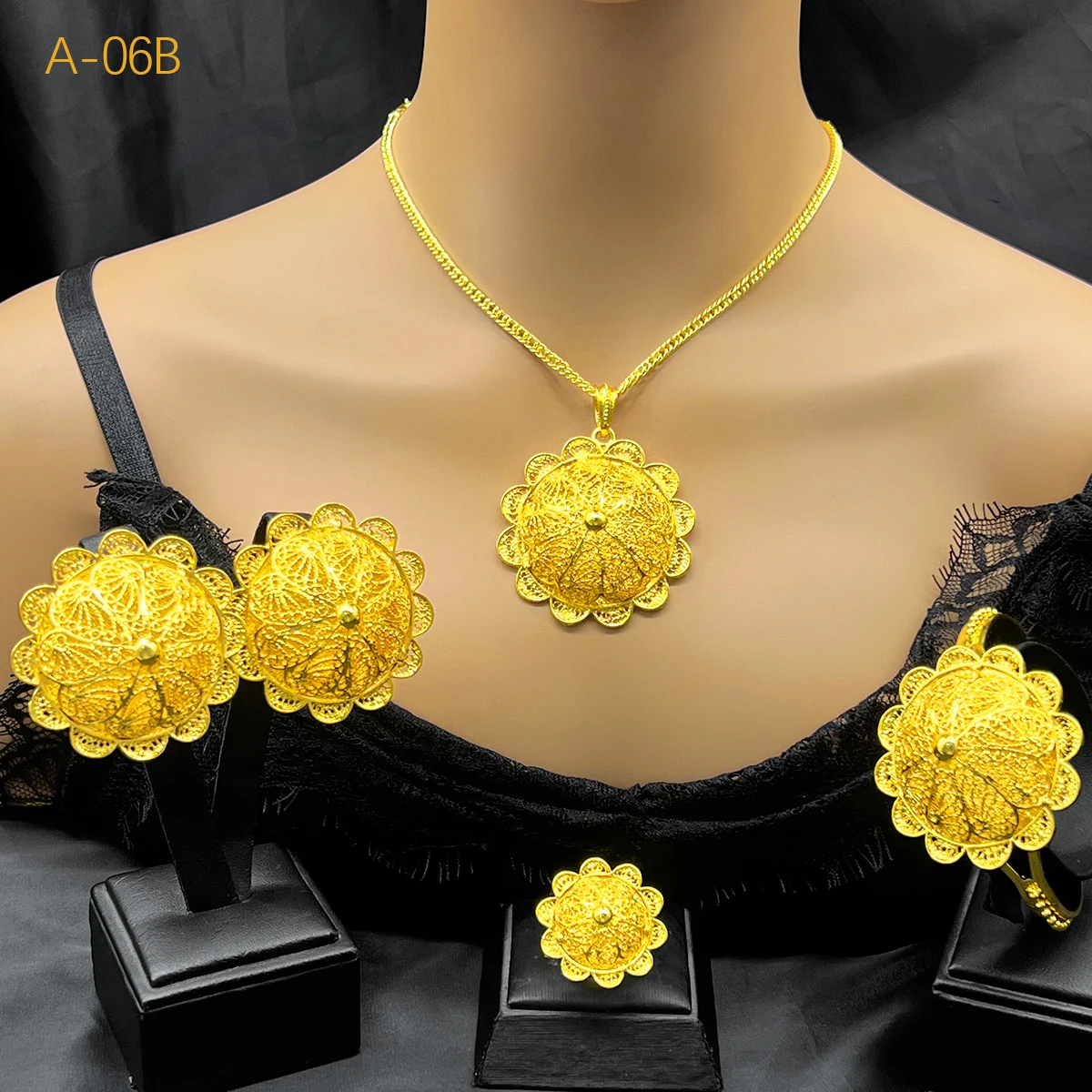 Ethiopian Bridal Jewelry Sets For Women 24K Gold Color Necklace Earrings Bracelet Ring Habesha Brazilian Wedding Jewellery