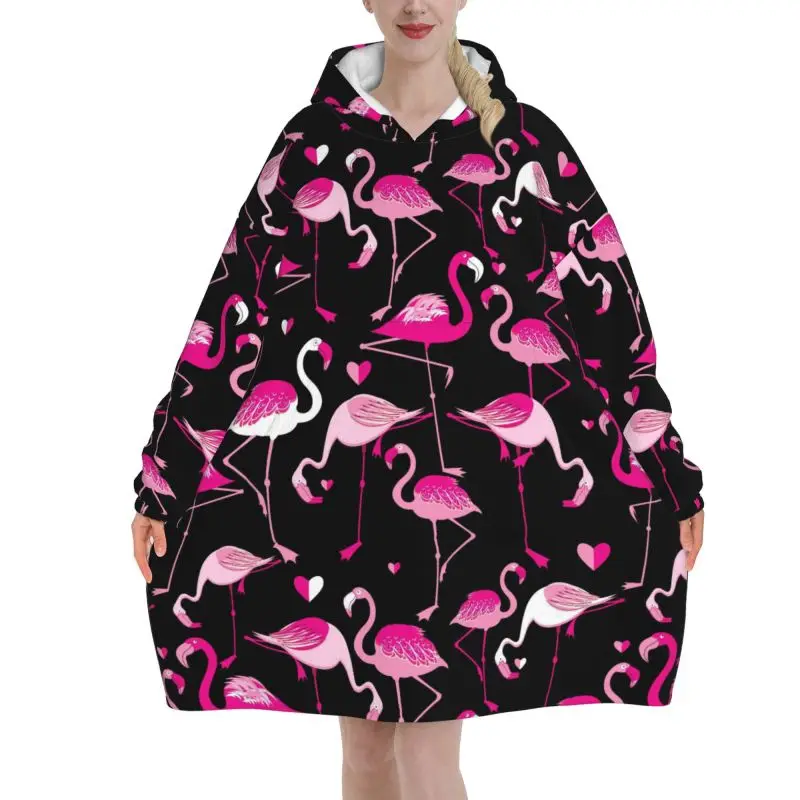 

Pink Flamingos Pattern Black Wearable Hooded Blanket Winter Oversized Hoodie Blanket Women Warm Fleece Pullover Sweatshirt