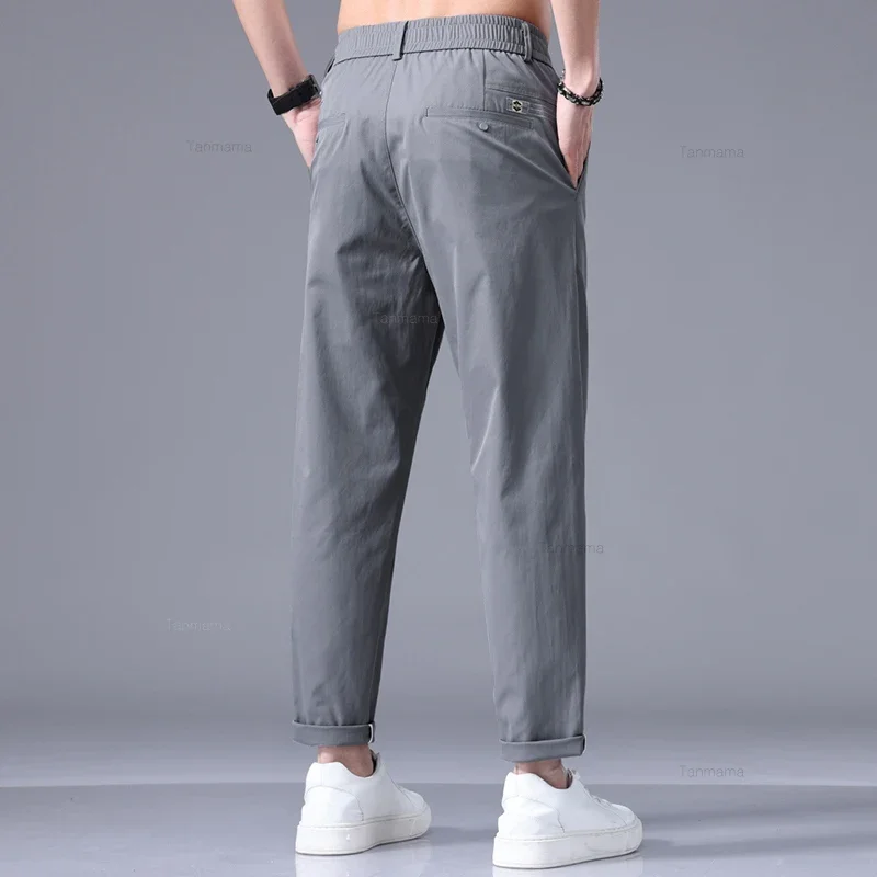 Ice Silk Ultra-thin Men\'s Casual Pants Summer Fashion Solid Color Loose Business Straight Ankle Length Trousers Black Gray Khaki