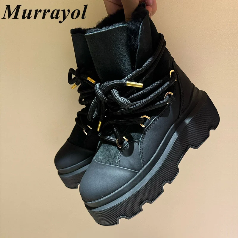 Nuevas Botas cortas antideslizantes de lana con punta redonda para mujer, Botas de nieve de fondo grueso con cordones de ante vacuno, prendas de vestir de invierno, Botas de esquí