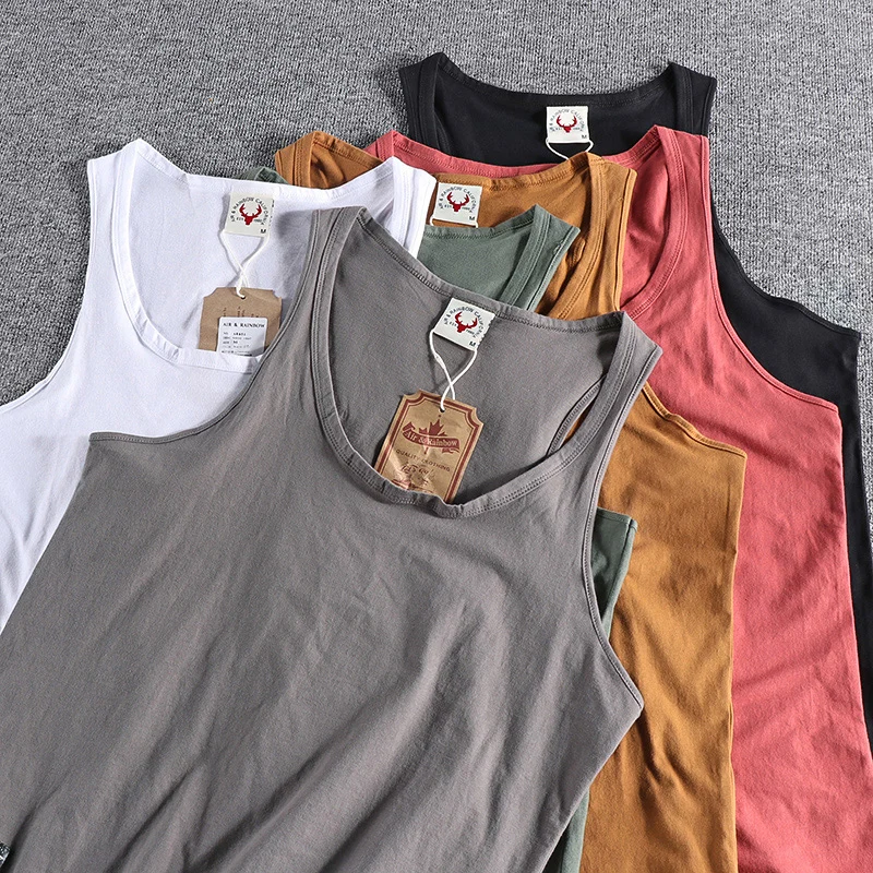 451# Summer New American Retro Sleeveless O-neck Solid T-shirt Men\'s Fashion 100% Cotton Washed Old Casual Sports Vest Tops