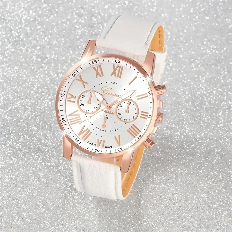 fashionable watch set, unisex quartz movement, round zinc alloy case, faux leather strap, none, mixed colors, - view 3