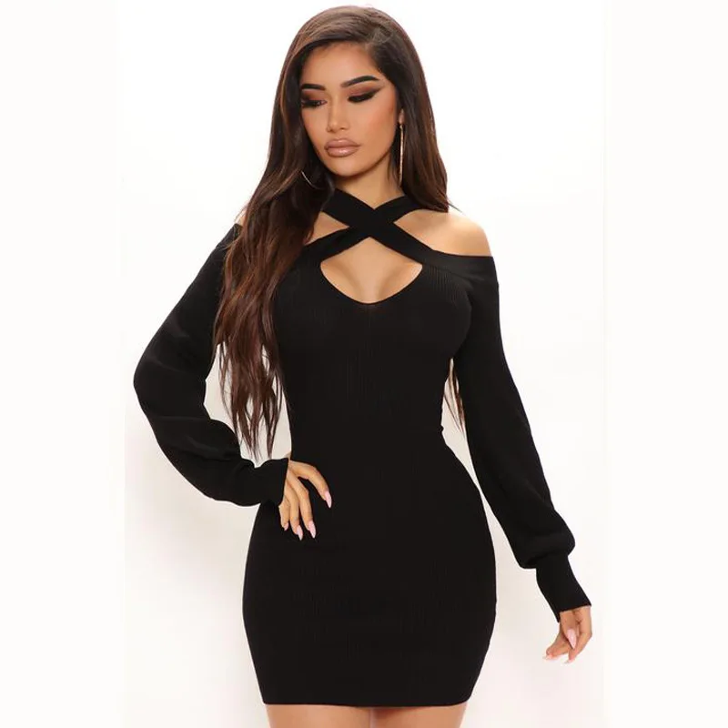 

2024 Autumn Sexy Women Temperament Small Pit Strip Solid Color Long Sleeved Short Dress