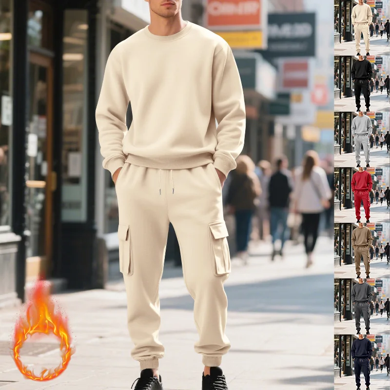 

Men's Fleece Round-Neck Sweatshirt Set Loose Casual Long-Sleeved Two-Piece Set Autumn Winter Comfortable Sweatshirt Cargo Pants