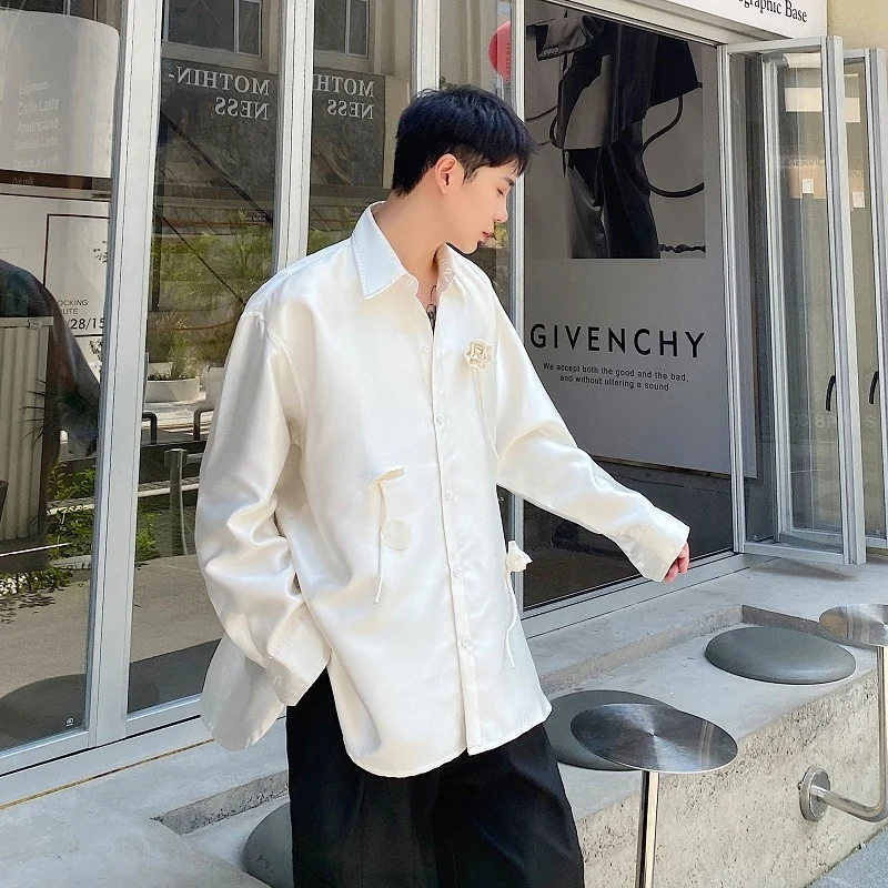 

Loose Fit Handmade Bead Floral Pattern Silk Men's Casual irt Autumn Faion Trendy No Ironing Required Long Sve Youth