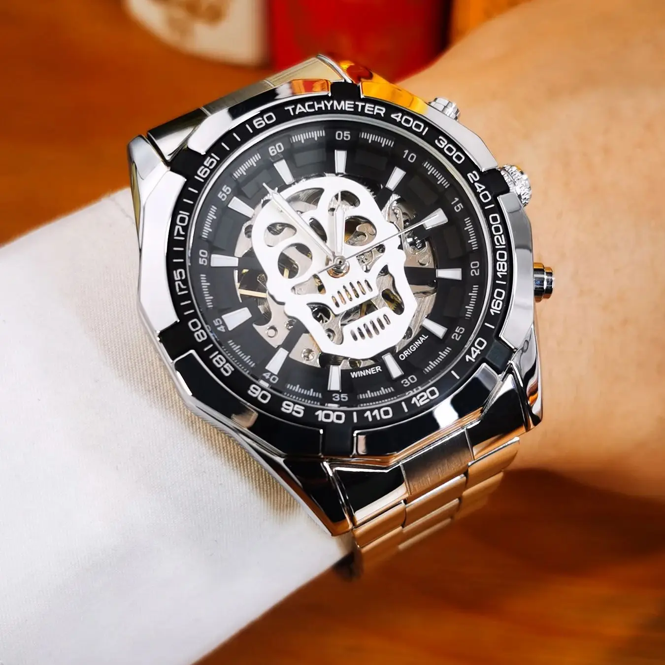 

WINNER Sports Skeleton Automatic Watch for Men Skull Design Fashion Military Mechanical Watches Stainless Steel Strap Wristwatch