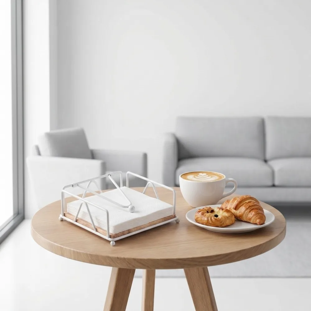 

Wooden material Tissue Holder White color Square shape Napkin Stand Solid wood Minimalist style Tissue Rack Home use