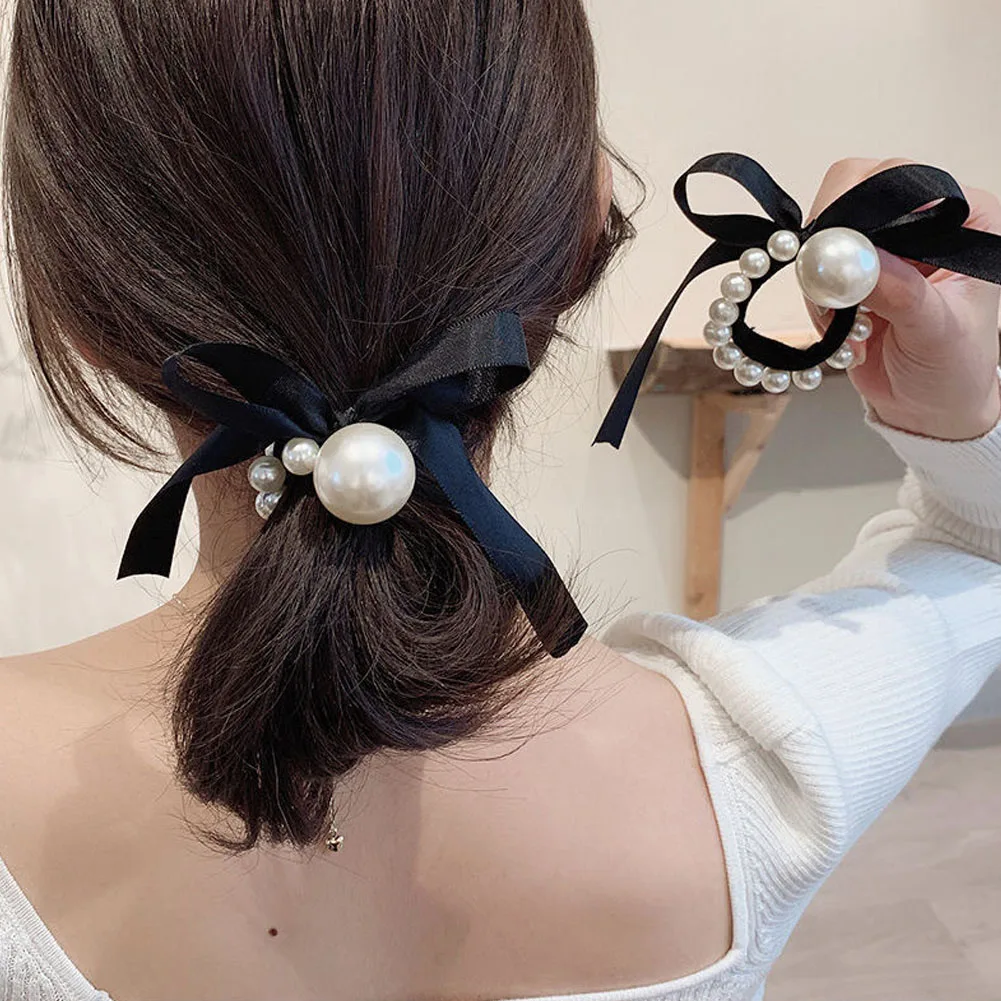 

Fashion Black Hair Ties Rope Simple Pearl Beaded Ponytail Holders Rubber Band With Ribbon For Women Girls