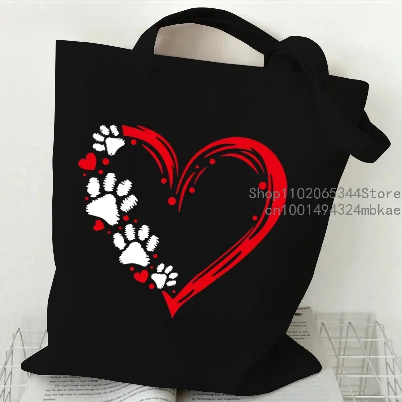 Women Dog Paw Heart Printed Shoulder Bag Cartoon Cute Retro Canvas Tote Bags Men Reusable Shopping Bag Fashion Lady Handbags