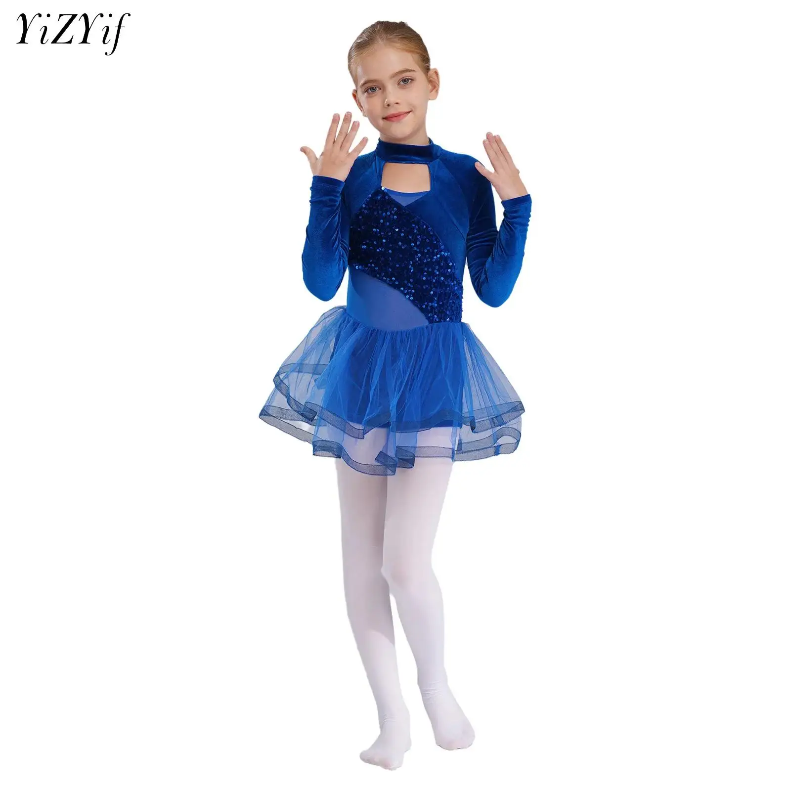 Kids Girls Sequins Ballet Dance Tutu Dress Long Sleeve Velvet Gymnastics Leotard Ballerina Competition Stage Performance Costume