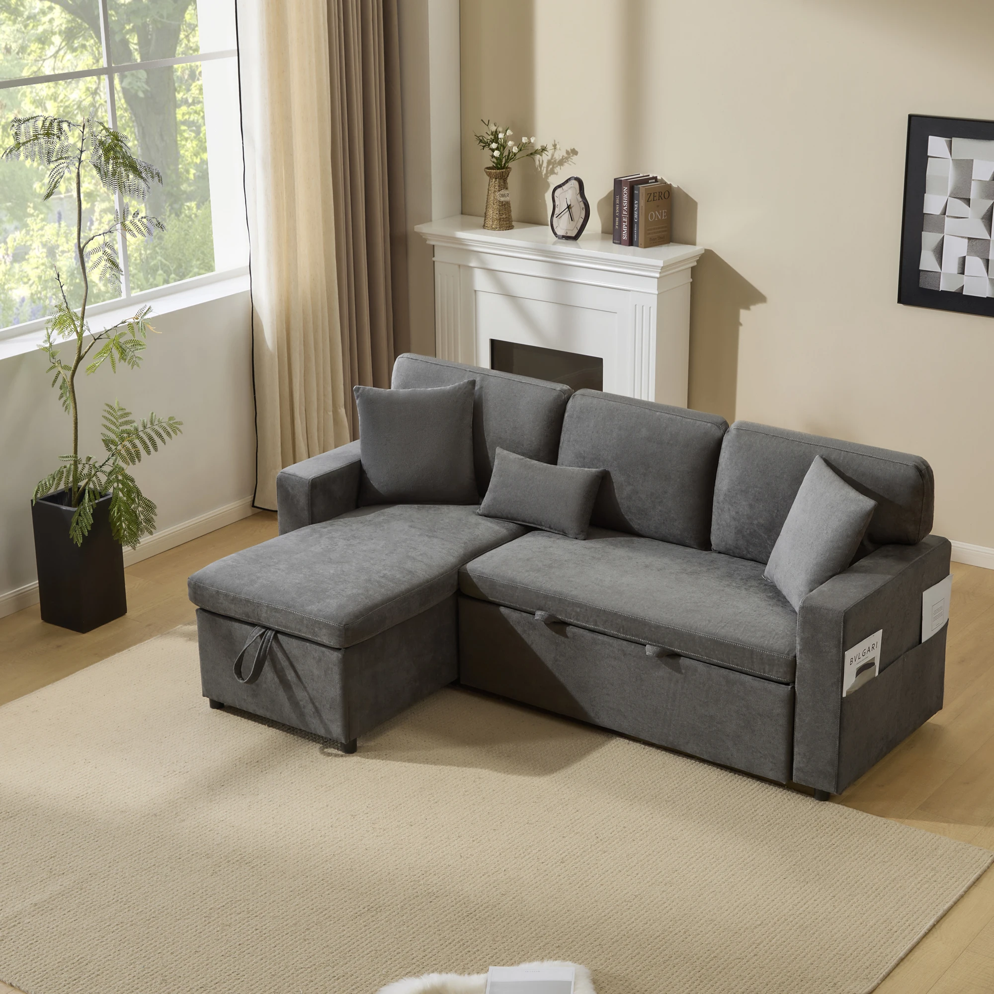 KOMHTOM Ecksofa L-Form mit Schlaf- und Bettfunktion - Ausziehbarer Schlafcouch mit Bettkasten und integriertem Regal