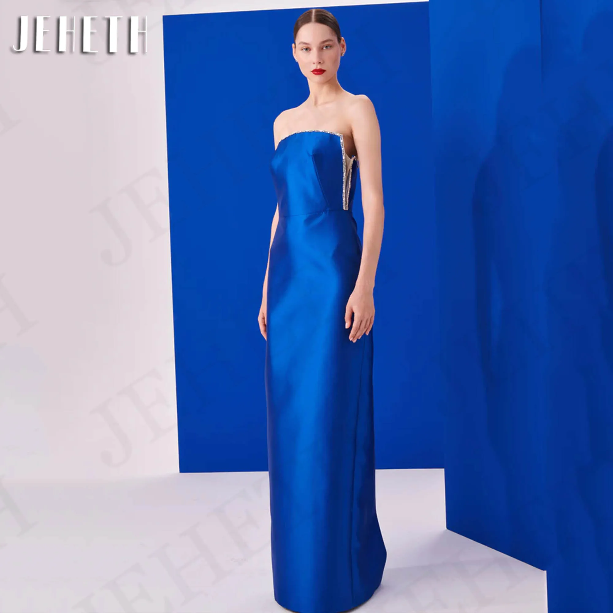 JEHETH Simple Satin Evening Dress For Women 2024 Elegant Mermaid Beadings Sleeveless Party Dresses Formal Royal Blue فساتين سهرة