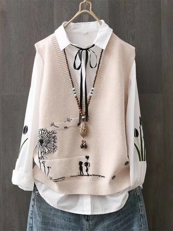 Artistic Knitted Sweater Vest Women's Fashionable Cable Knit Top V-neck Button Detail Regular Length Pure Color Commute Style