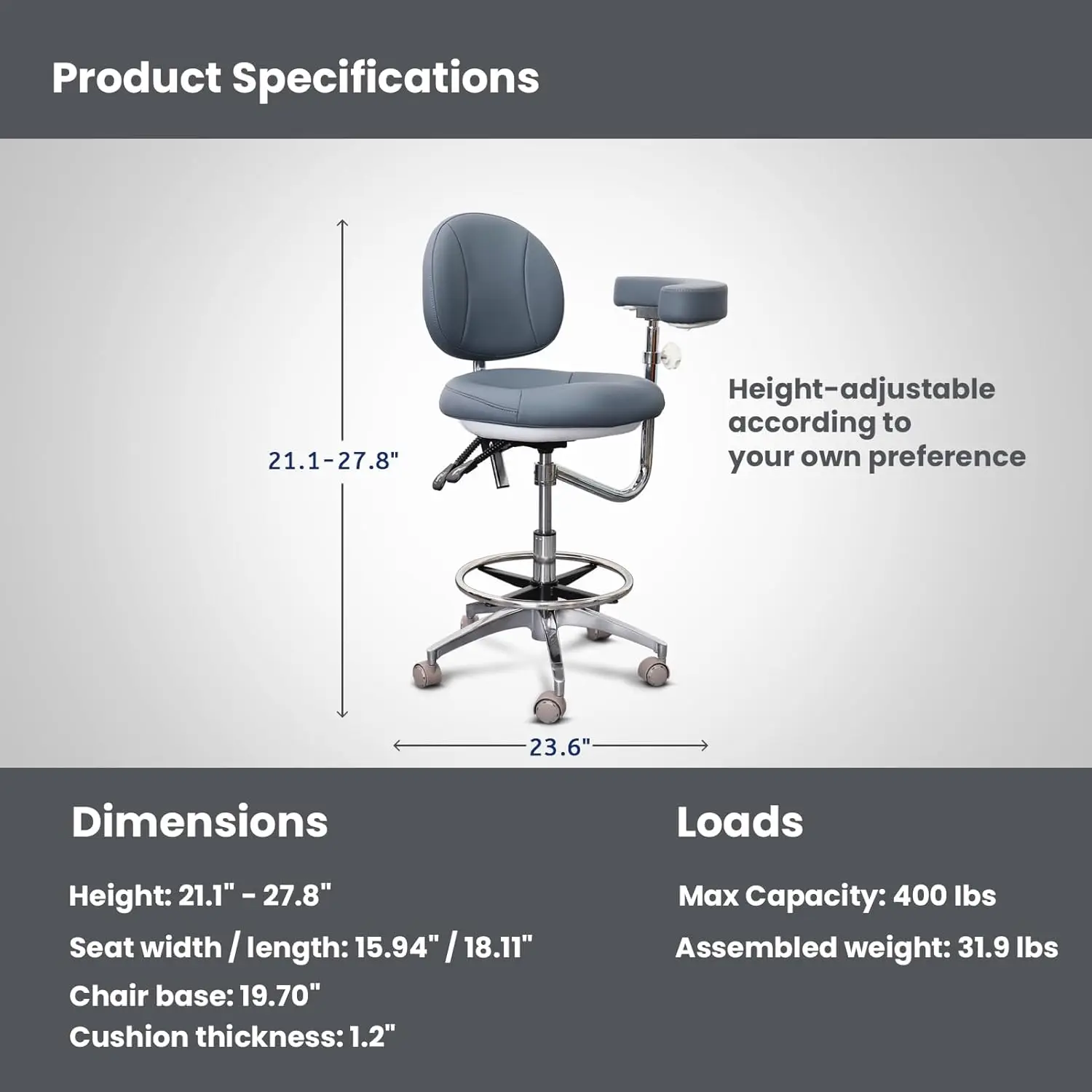 Medical Dental Assistant Chair with Rotatable Armrest Rolling Medical Chair Ergonomic Swivel Seating Back Support Dentist Stool