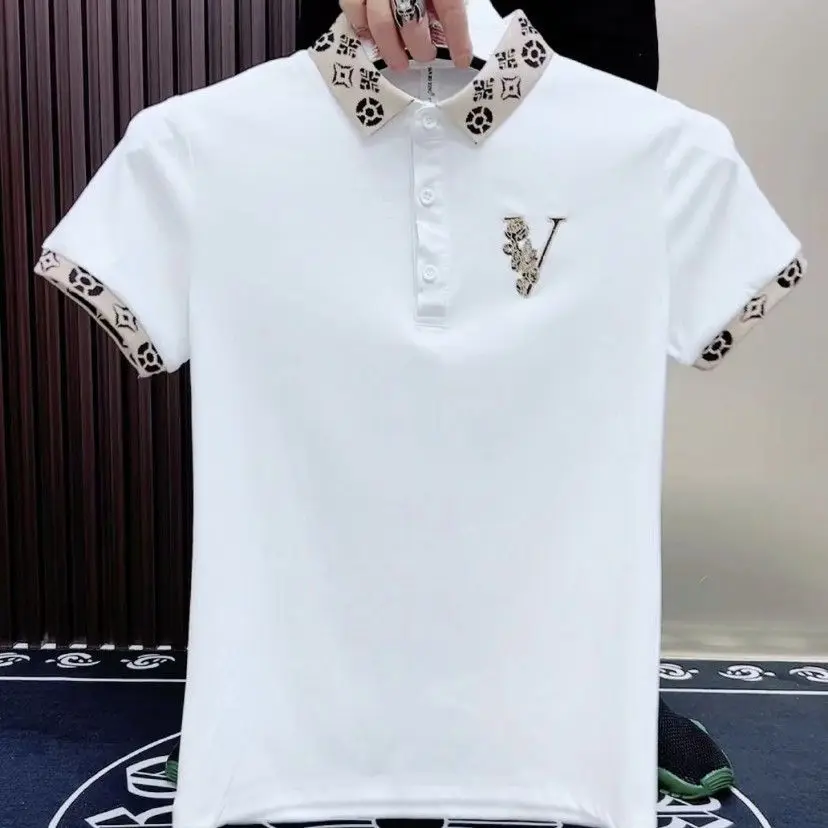 New summer men's embroidery slim-fitting trendy brand ruffian handsome short-sleeved lapel T-shirt men