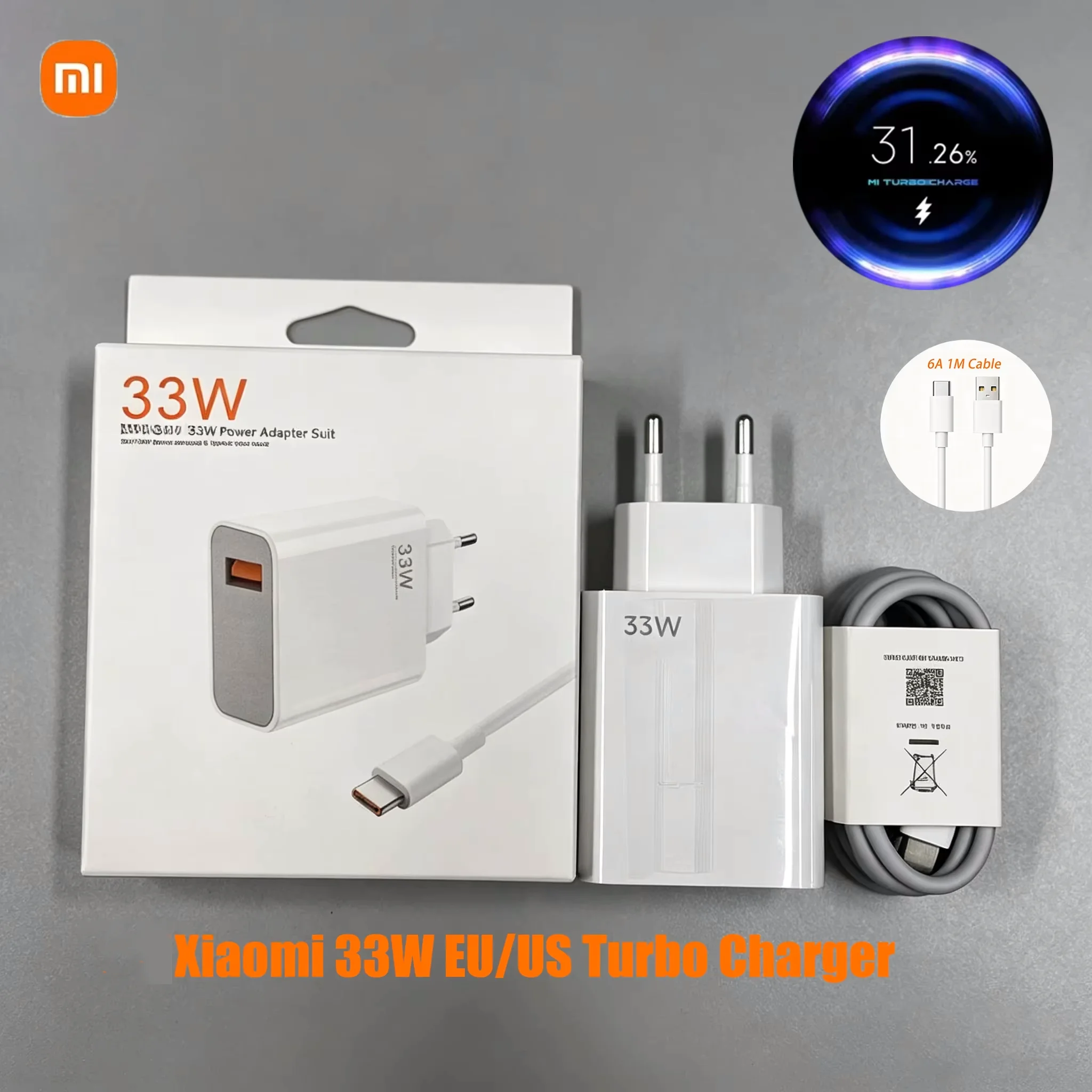 Carregador Turbo EU US 33W para Xiaomi, Plugue 6A 1M USB C, Adaptador de Carregamento Rápido para Poco X5 X4 M5S X3 Pro Redmi, Protetor de Cabo