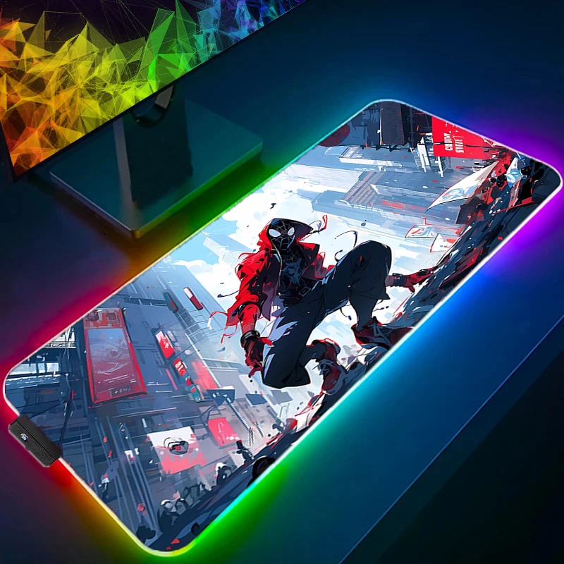 

RGB LED Spider-Man Mouse Pad Extended Gaming Mousepad With Stitched Edge Desk Mat Non-Slip Base Computer Keyboard Pad For Laptop