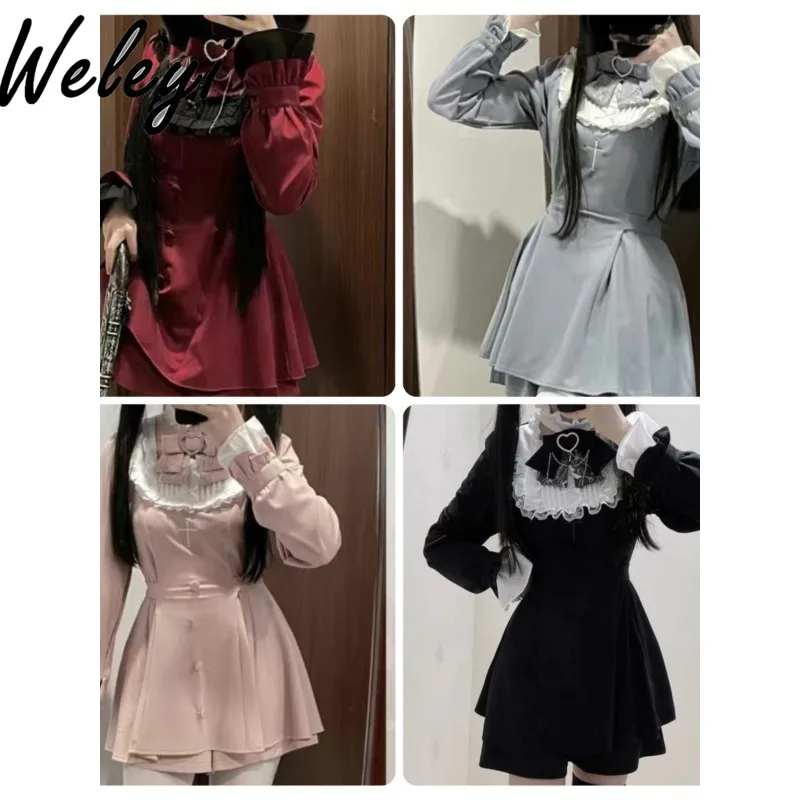 

Cute Bow Long Sleeve Dress Op Autumn 2024 Kawaii New Lace Mine Mass Production Girl Splicing Waist Ladies Two Piece Set Outfits