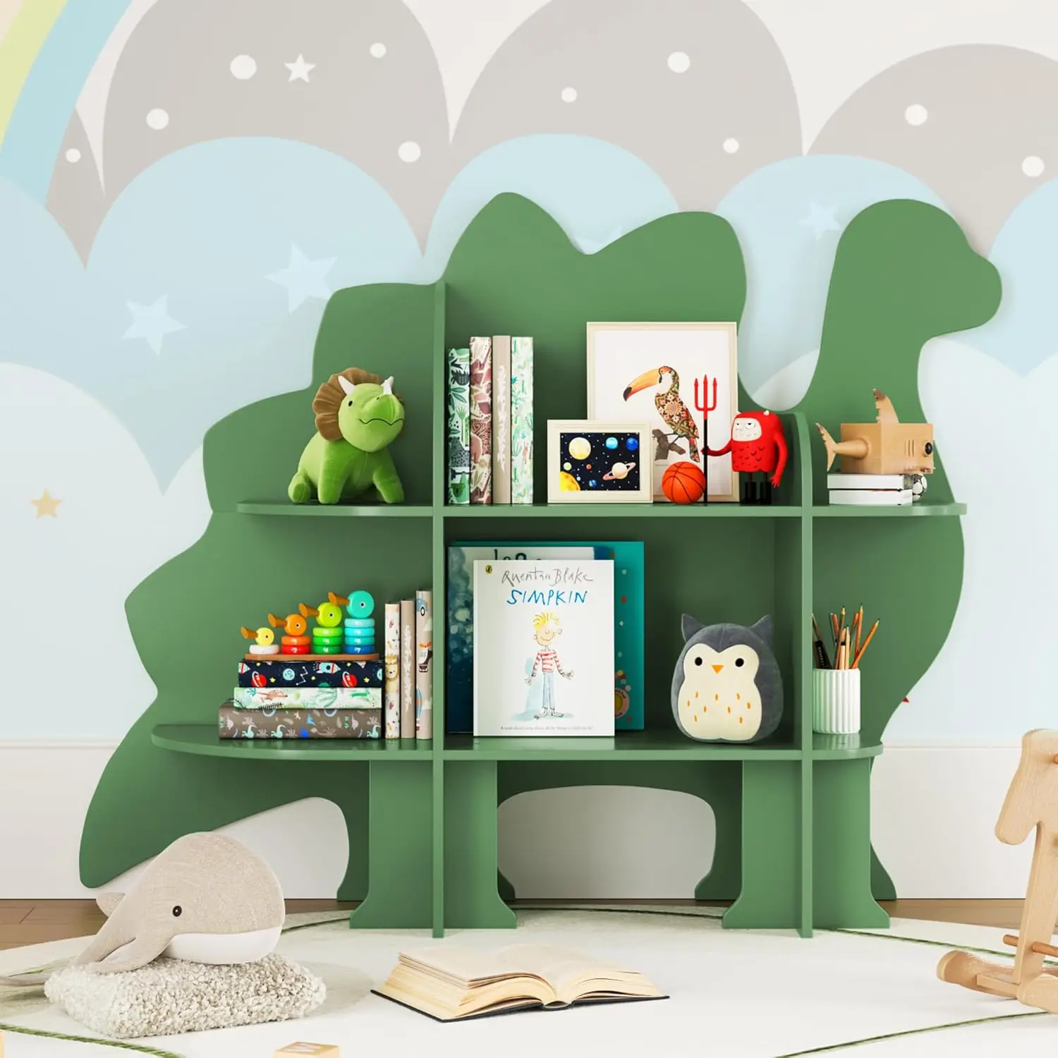 Kids Bookshelf, 2-Tier Bookshelf for Kids, Baby Bookshelf and Toy Storage, Wooden Kids Bookcase, Toddler Book Shelf