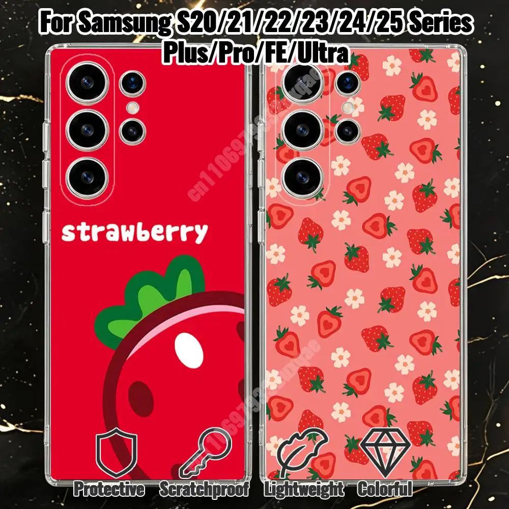 Pink Strawberry Fruit Pattern Phone Case for Samsung Galaxy S20 21 22 Ultra Plus S23 24 25 FE Lite Transparent Bumper