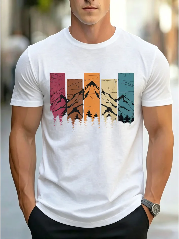 Men's Vintage Color Block Mountain Print T-Shirt