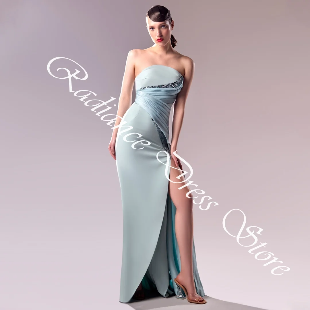 فساتين سهرة مخصصة عالية الجودة من الساتان المستقيم كريستال بدون حمالات وسحاب خلفي بدون أكمام قطار كوكتيل D #6