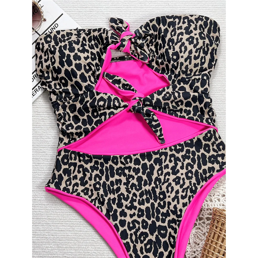Leopard-Bandeau-Badeanzug mit Ausschnitten und Knoten, einteiliger Badeanzug für Damen, Badebekleidung für Frauen, Monokini mit hohem Beinausschnitt, Badeanzug, Schwimmanzug V7151 – Detail 6